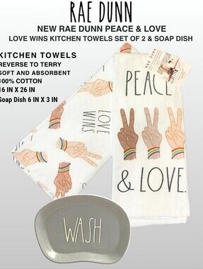Rae Dunn White 'Peace & Love' Kitchen Towel Set with Gray Soap Dish
